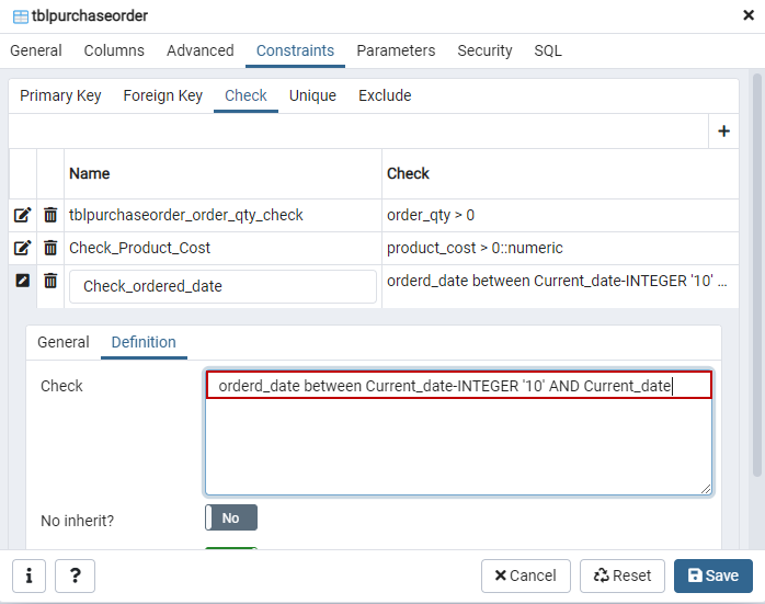 Specify the postgres Check constraint definition 