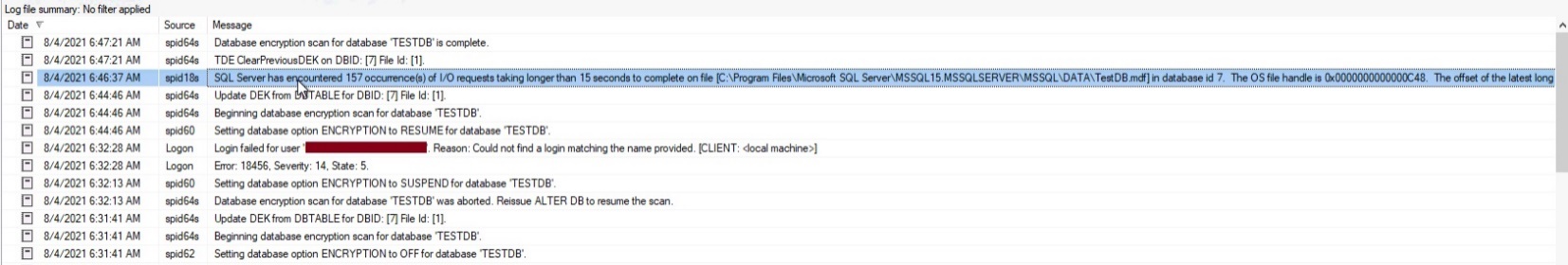 SQL Server error log during decryption process
