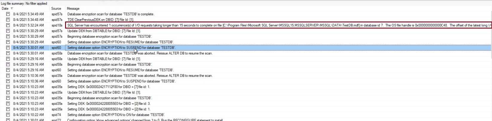 SQL Server error log for TDE SCAN