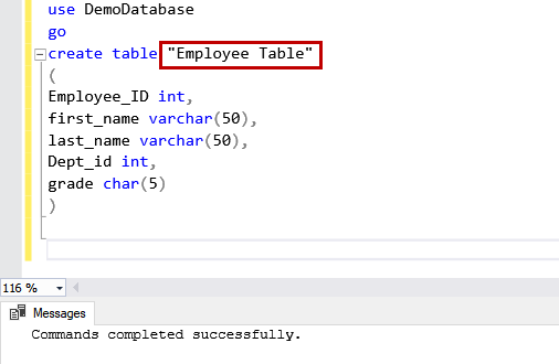 SQL Server Table name with space in double quotes 