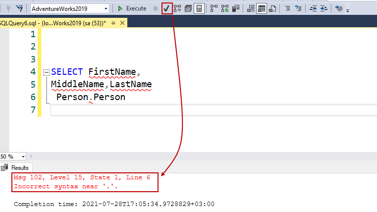 Checks the syntax of a query in SSMS