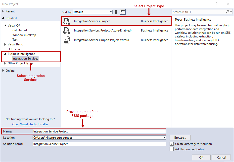Create New SSIS Project