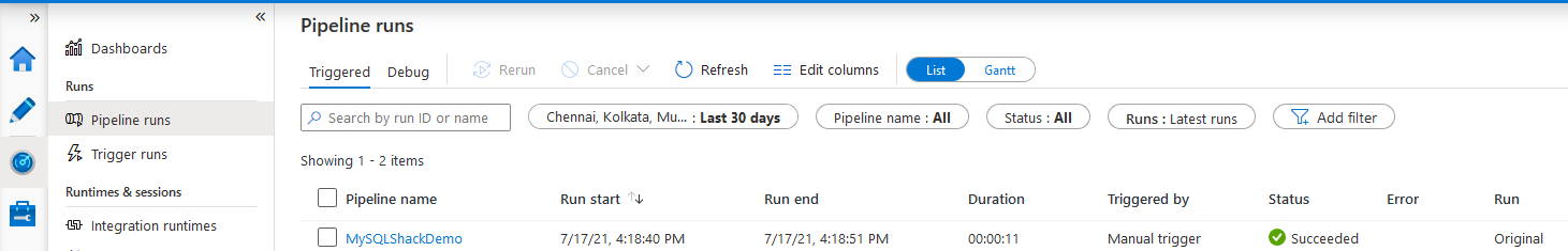 Monitor pipeline runs in Azure Data Factory