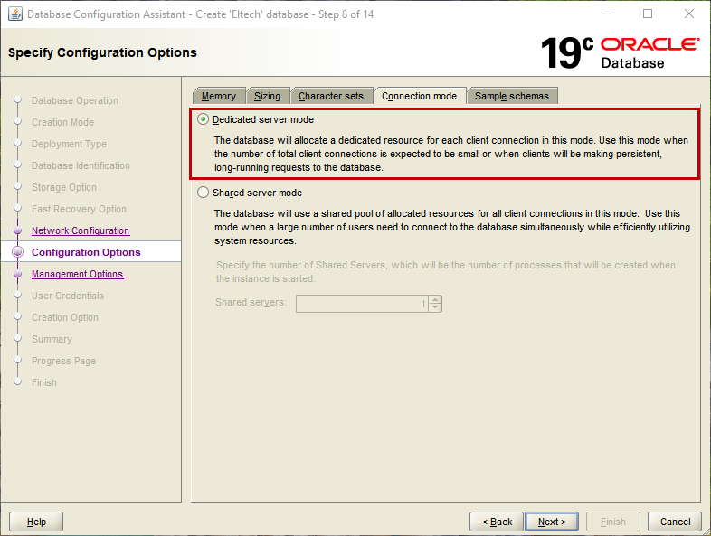Specify configuration option in database configuration assistant