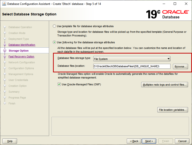 Specify database storage option in database configuration assistant