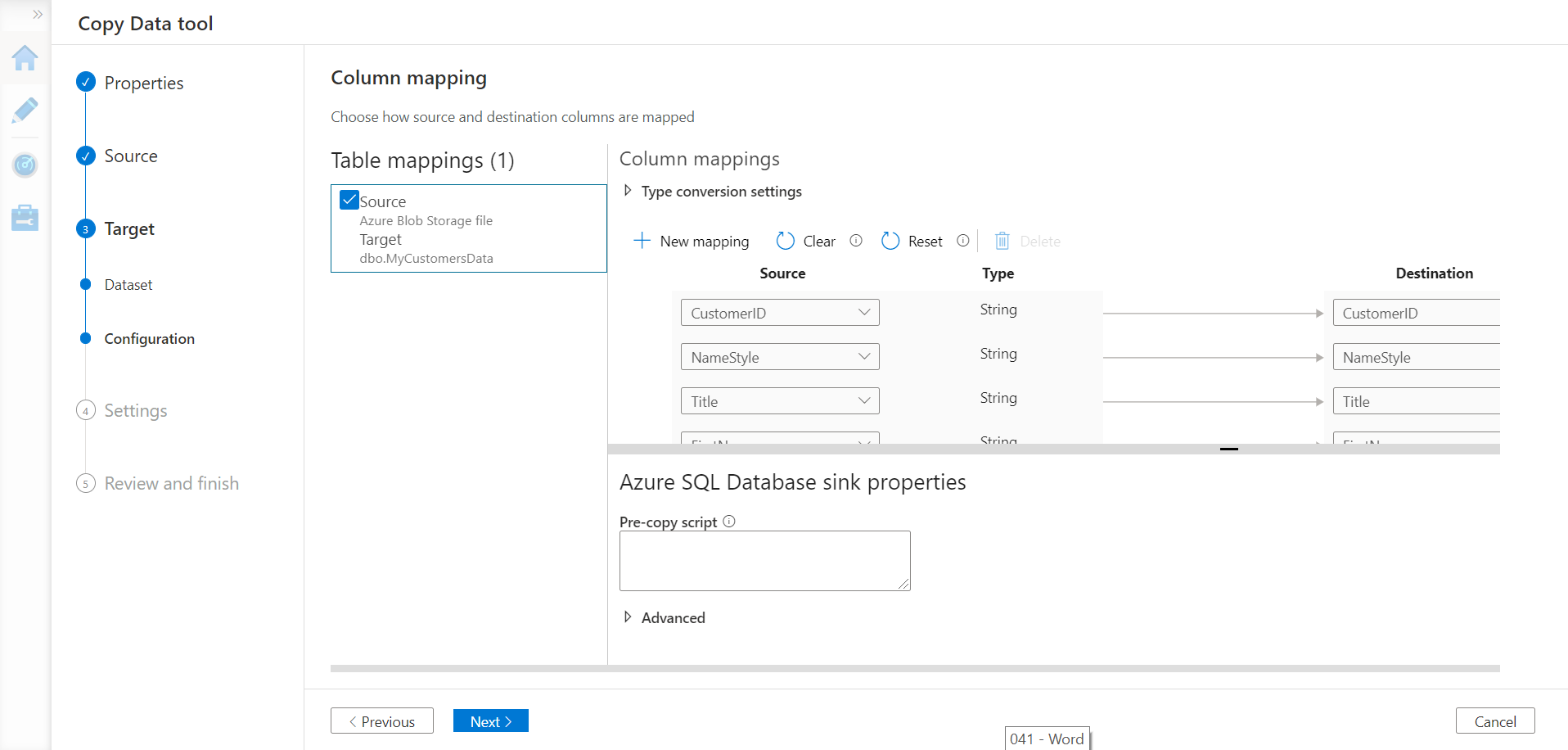 Table mappings in Azure Data Factory