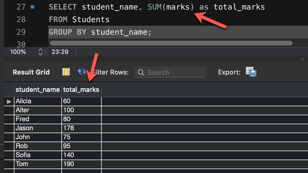 Total Marks grouped by students - MySQL Window Function