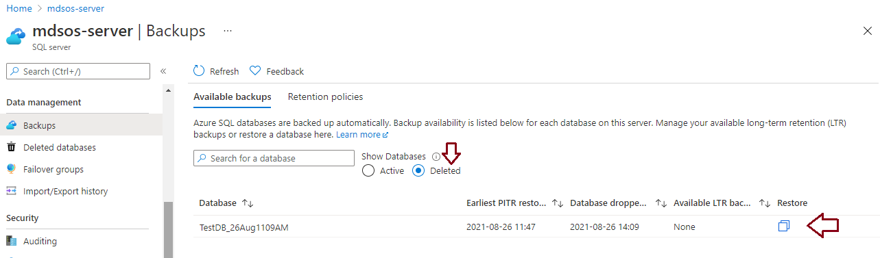 Access Backups option from logical server page