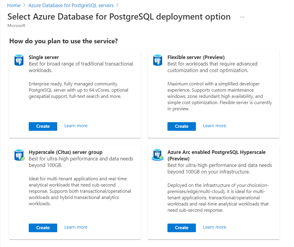 Azure Database for PostgreSQL Deployment Option