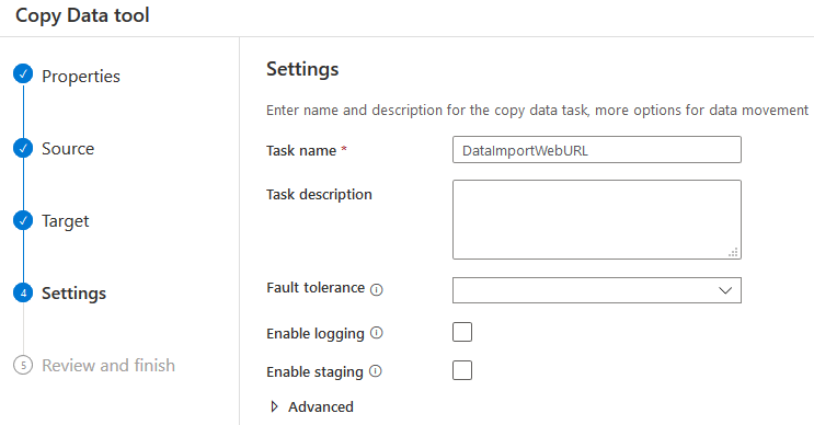 Copy data tool settings