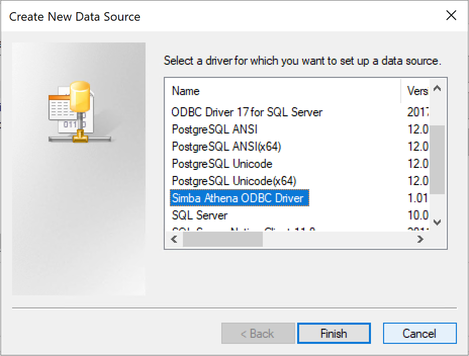 Creating the new data source using the ODBC Driver