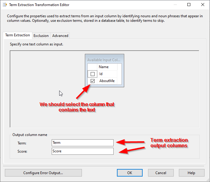 Term extraction tab page in the SSIS term extraction editor