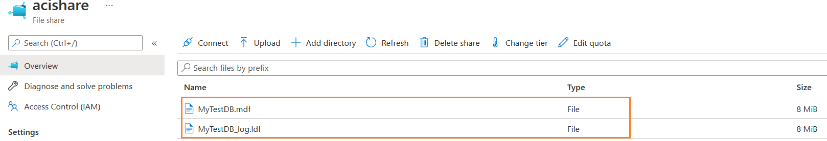Azure file share contains DB files