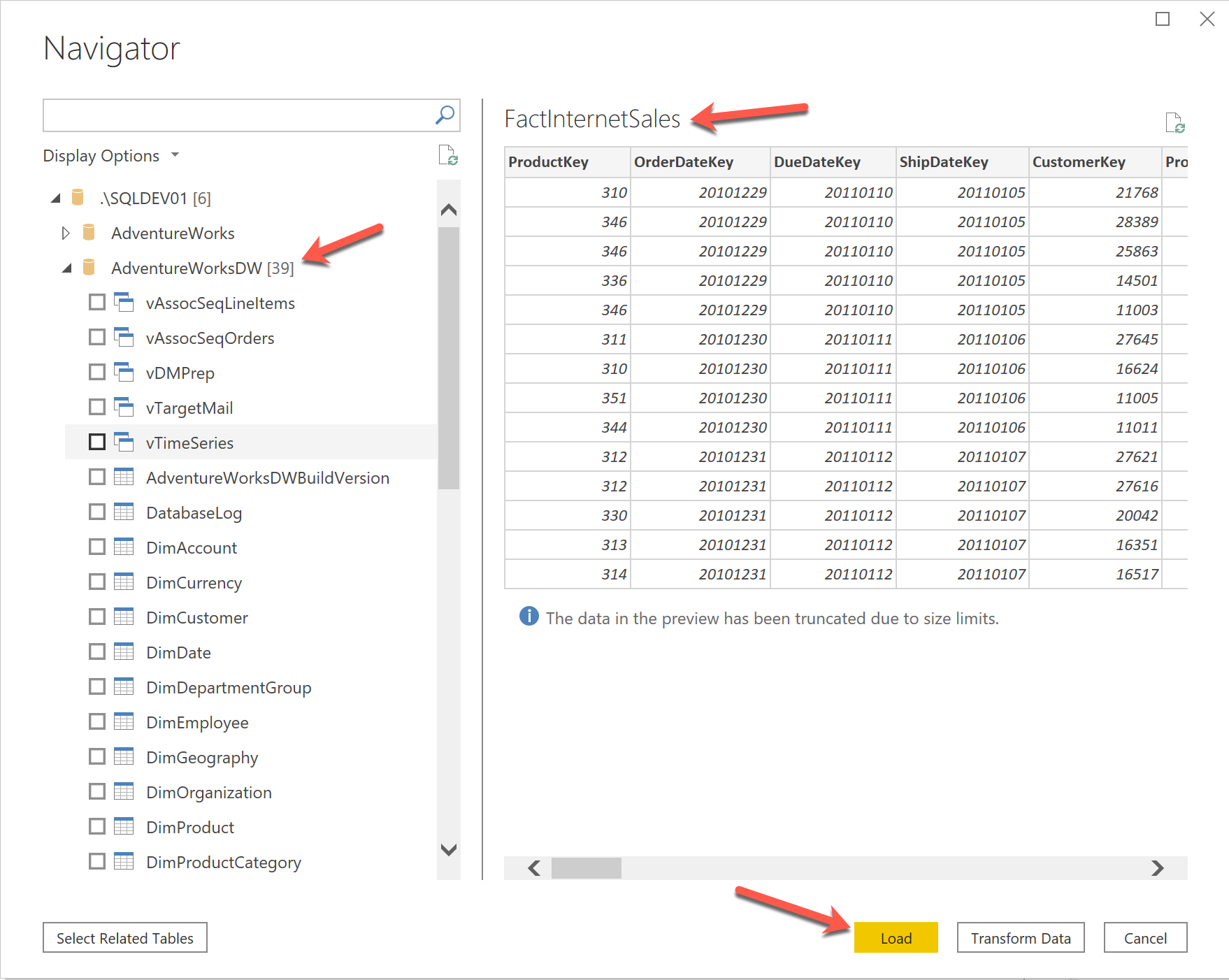 Selecting tables to import into Power BI Data Model 