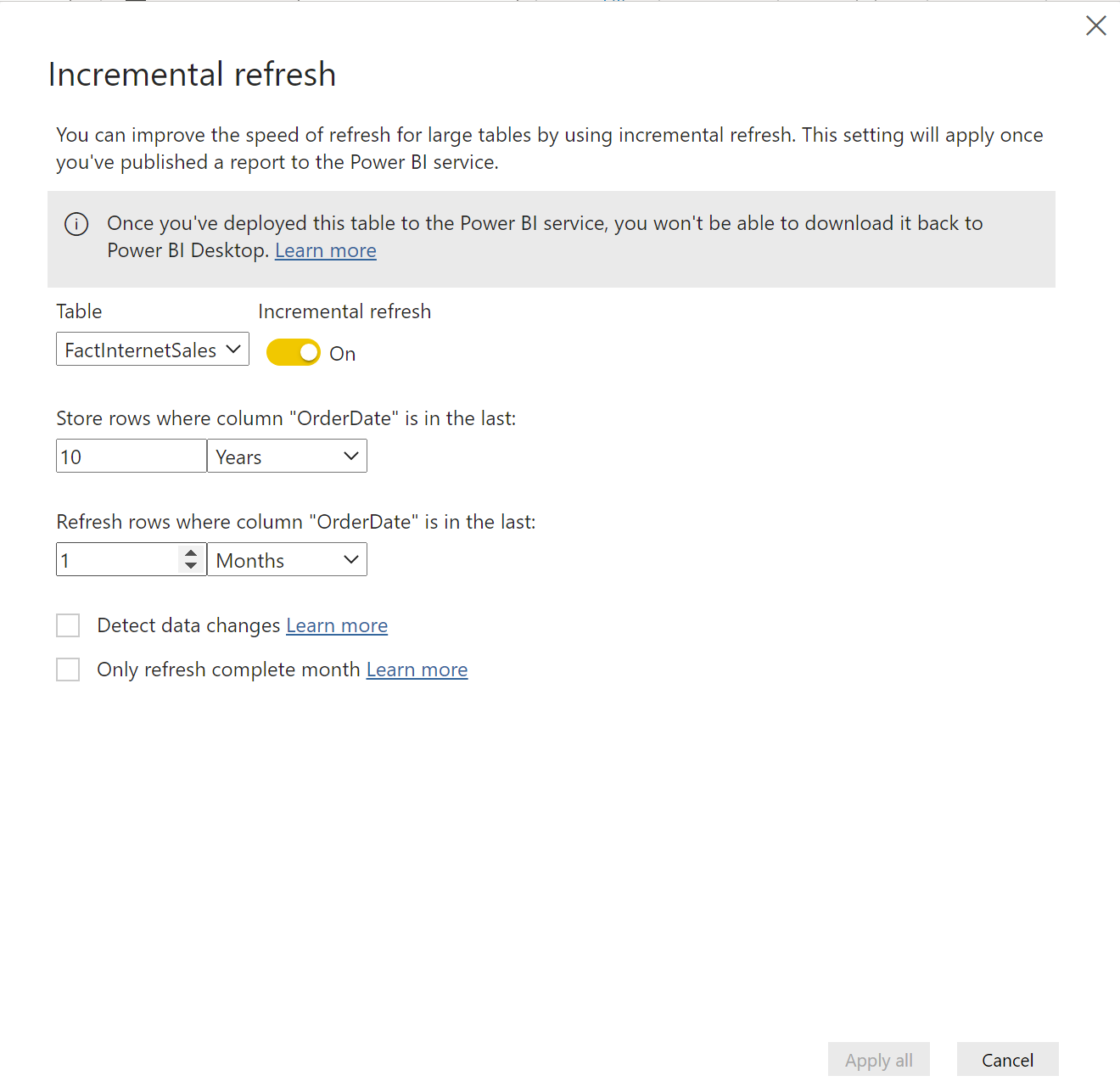 Setting up the Power BI Incremental Refresh policy