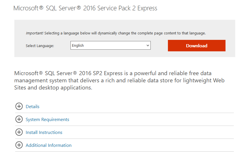 SQL Server 2016 express edition download page