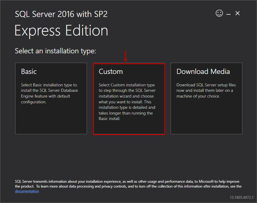 SQL Server 2016 express edition installation options