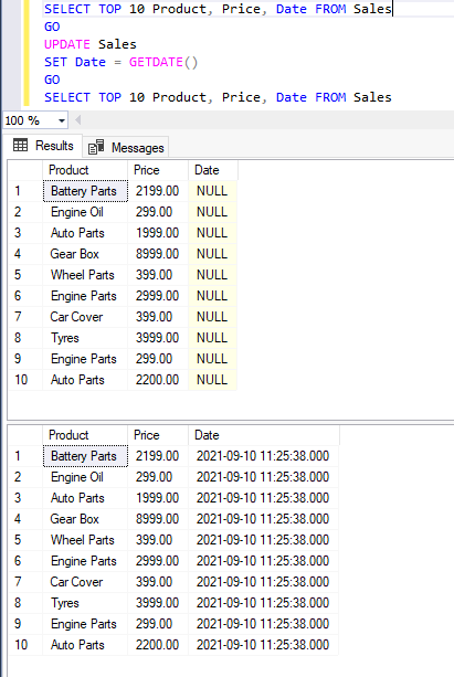 Update column with current date-time