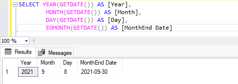 Use GETDATE with YEAR, MONTH, DAT and EOMONTH functions