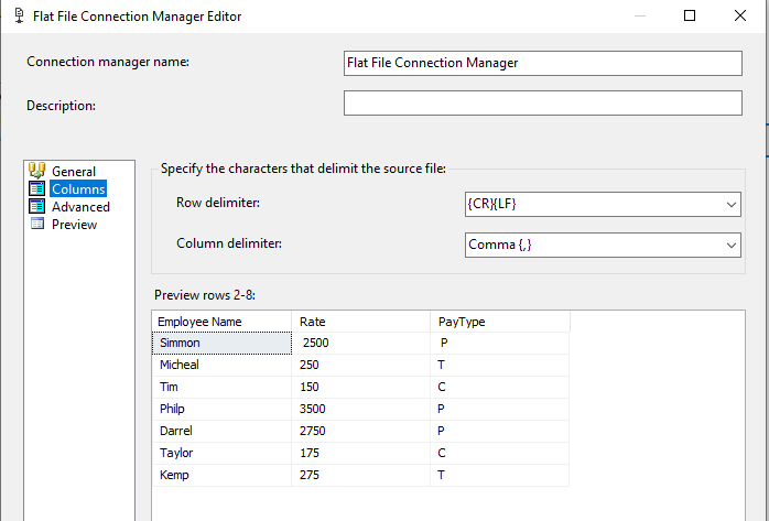 Data set view in the Flat Fiel connection Manager