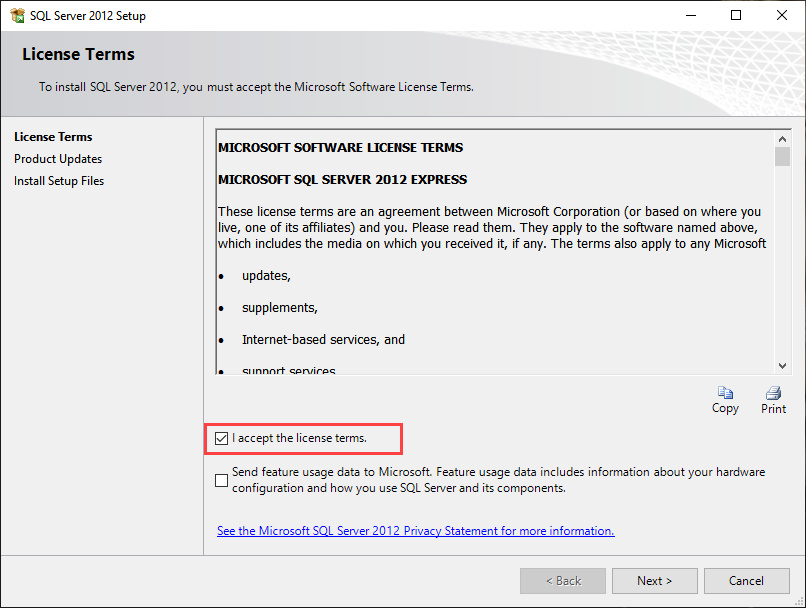 SQL Server 2012 express edition License terms
