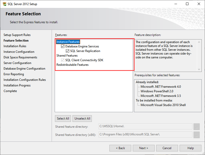 SQL Server 2012 express Feature selection